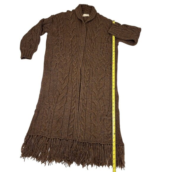 Long Brown Cable Knit Sweater Coat/Duster with Fringe Hem - Picture 6 of 9